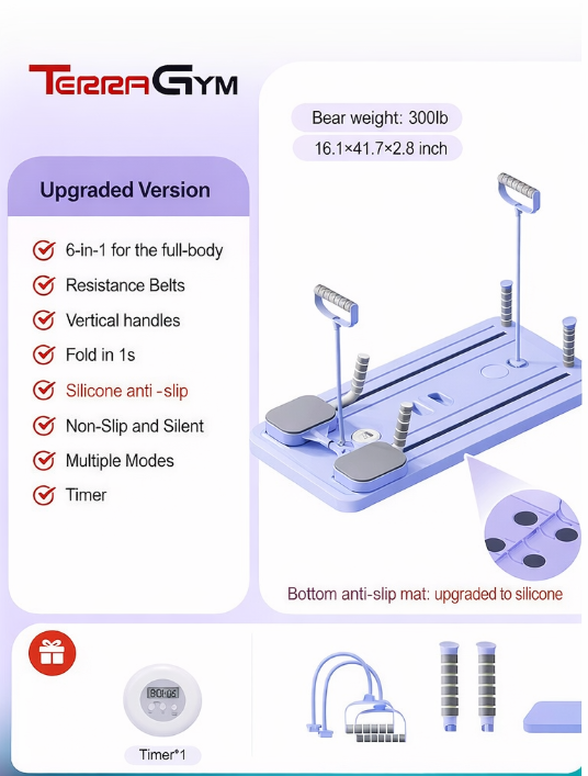 TerraGym Pilates Board with Resistance Bands Timer and Knee Mat for Home Use